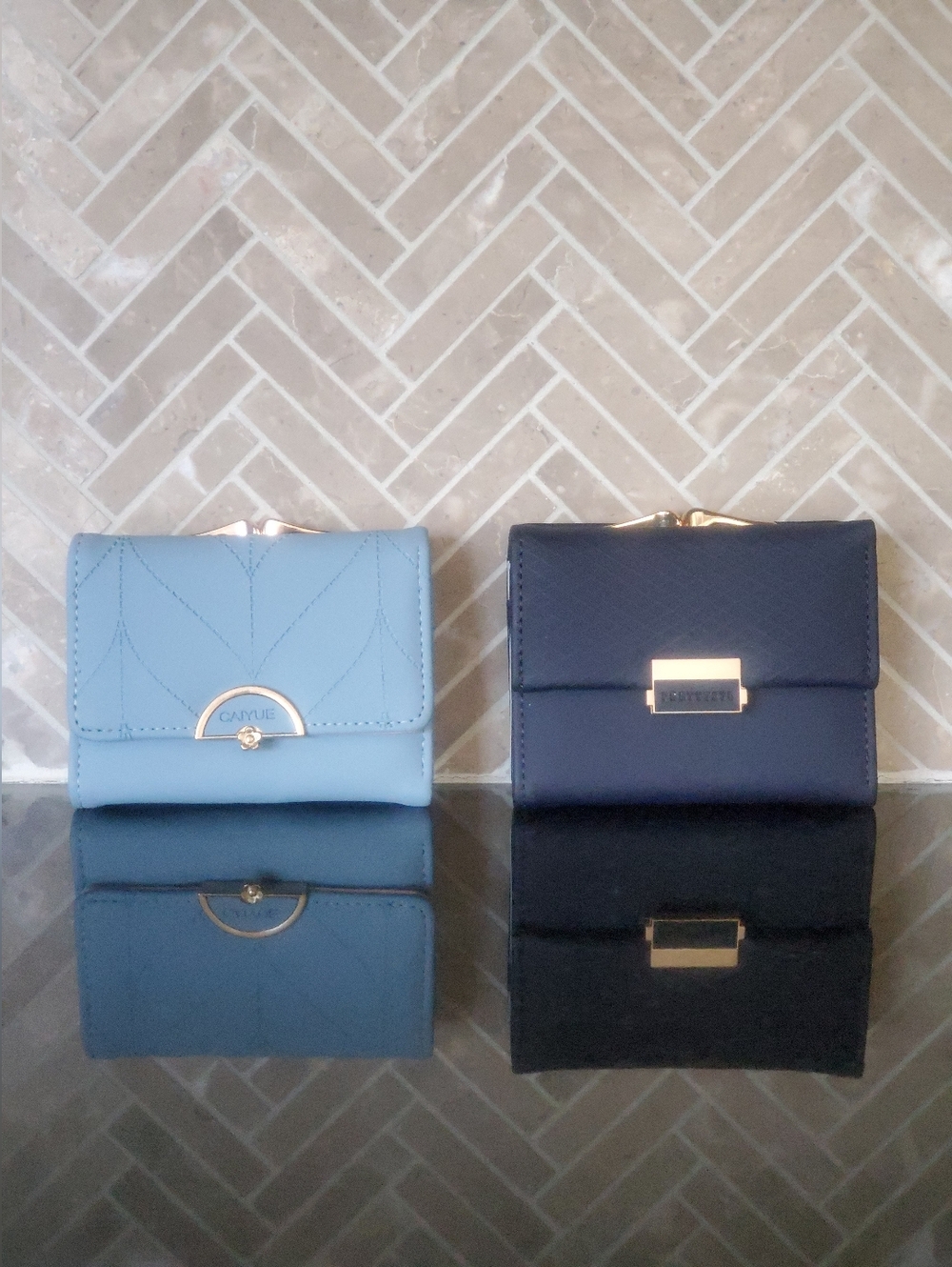 2 NWOT Pretty Blue Tri-fold Soft PU Leather Wallets w/ Change Purse